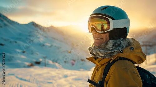 70 year old woman doing extreme sports, fully equipped helmet and goggles on snowboarding, setting sun in the mountains.