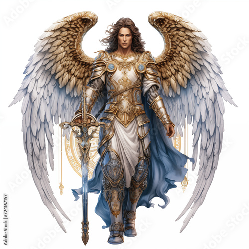 Archangel Michael in the clouds wearing armor and a sword. Powerful Holy Angel of God