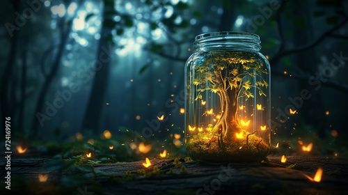 fireflies and forest in a jar, black background