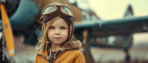 A child's adventure spirit soars high as she imagines piloting a vintage plane in her aviator gear