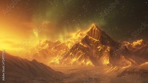 golden snowy mountain, flat land, aurora, golden aurora, dream, sparkling