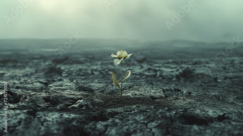 Hope in depression, a tiny blooming flower in a desolate landscape , subdued colors, geometric style, stark contrast, simplistic design, message of resilience 