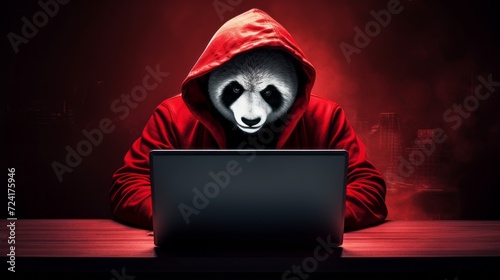 Panda Hacker in Hoodie behind computer.