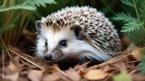 Hedgehog in the forest. Wild, native, European hedgehog (Scientific name: Erinaceus Europaeus). Cute cartoon hedgehog. Generative AI