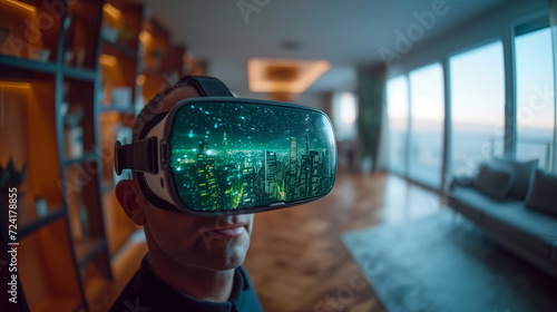 A man wearing virtual reality glasses standing in a modern luxury apartment.