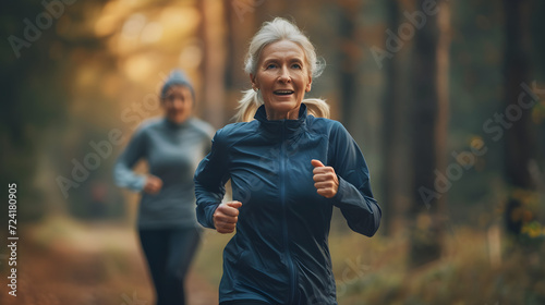 Old woman and friend running in the morning for marathon exercise in the woods.