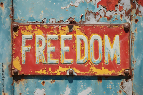 Verwitterte Freiheit: Heruntergekommenes Schild mit der Aufschrift 'FREEDOM' verströmt nostalgische Authentizität und erzählt Geschichten vergangener Zeiten auf verlassenem Gelände.