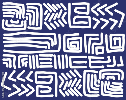 Abstract white maze-like patterns on a blue background