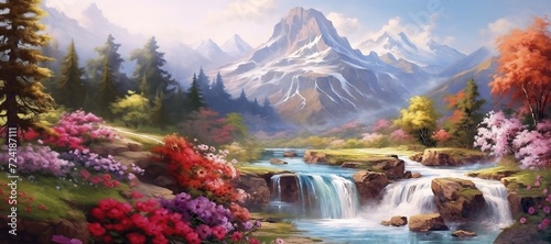 Breathtaking landskape with flowers and little waterfall