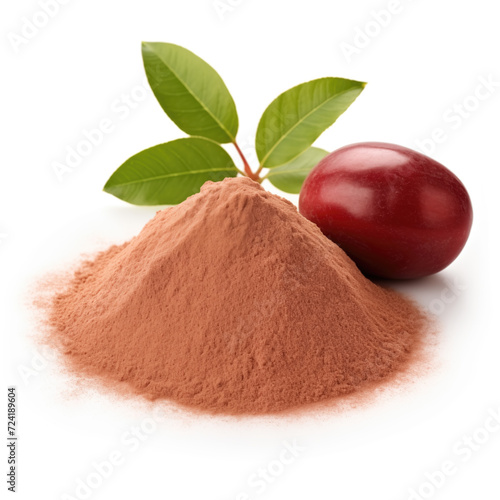 close up pile of finely dry organic fresh raw jujube powder isolated on white background. bright colored heaps of herbal, spice or seasoning recipes clipping path. selective focus