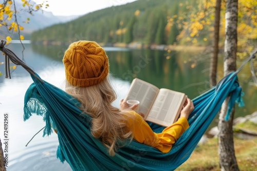 A serene autumn day spent immersed in nature, as a woman sits by the tranquil lake, reading a book in her hammock under the shade of a tree