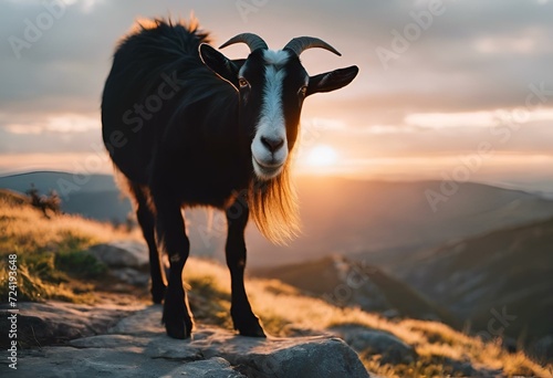 a goat on the mountain at sunset