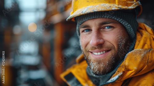 Cute Caucasian bearded construction worker with safety helmet on head