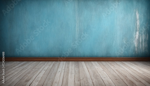 old grungy vintage blue wall with wooden floor background with copy space