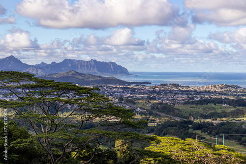 Aerial view of the scenic mountainous coastlines of O'ahu, Hawaii