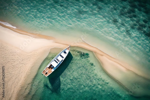 A stunning aerial view of a beach with gentle waves lapping at the shore and a solitary boat floating nearby, capturing the essence of summer from above