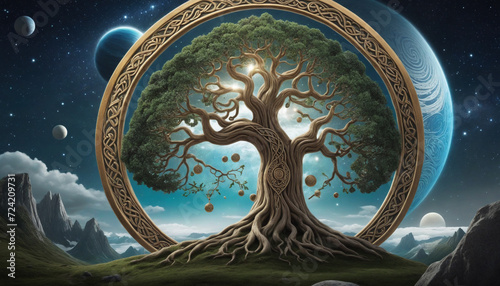 Concept Of Yggdrasil Viking Tree Of Life With Planets. Cosmic Ancient World Tree. Yggdrasil Landscape And Background. Generative AI