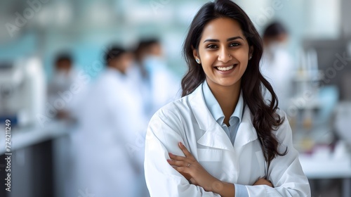 Smiling attractive female doctor in white coat in a laboratory with colleagues in the blurred background