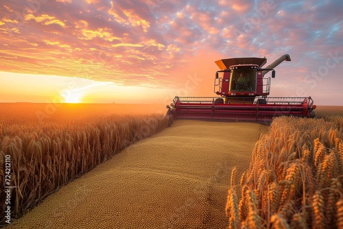As the fiery sun sets behind the vast wheat field, a powerful red combine harvester dominates the landscape, working tirelessly to harvest the golden crop under the open sky
