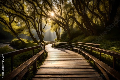 A peaceful boardwalk in a serene park, where the path leads you deeper into the natural beauty of the landscape.
