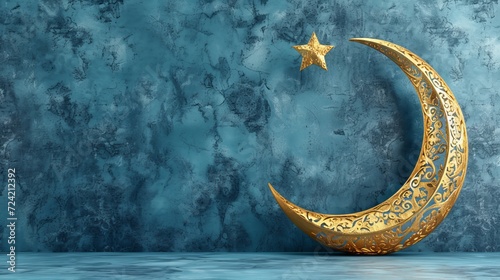 Ramadan crescent on modern blue wall background. Design creative concept of islamic celebration day ramadan kareem or eid al fitr adha, copy space text area, 3D illustration