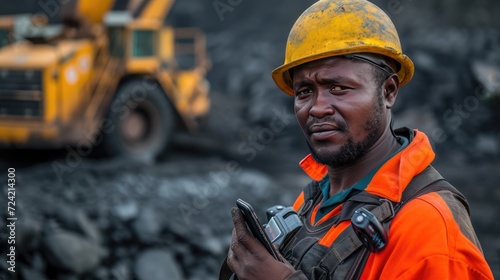 a young African mine worker in protective gear while holding a cell phone, with coal mine equipment in the background, the modern technology and safety measures integrated into mining operations.
