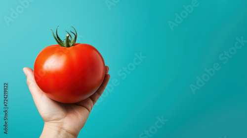 Hand holding tomato fruit isolated on pastel background