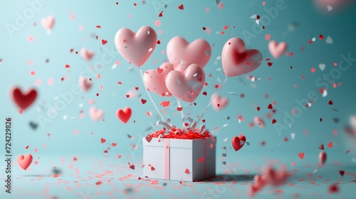 Cute love message popping out of an open present box with confetti and heart shape balloons around. 3d scene design. Suitable for Valentine's Day and Mother's Day.
