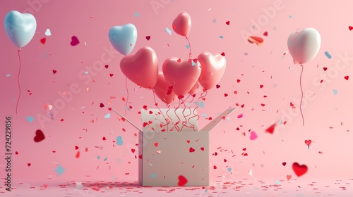 Cute love message popping out of an open present box with confetti and heart shape balloons around. 3d scene design. Suitable for Valentine's Day and Mother's Day.