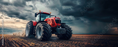 A powerful red tractor drives across a huge field under a dramatic stormy sky, highlighting the power of modern agriculture.