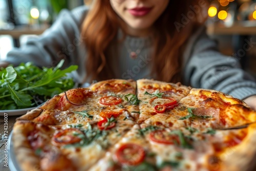 A woman indulges in the savory comfort of a california-style pizza, savoring each bite of gooey cheese atop a crispy flatbread, as she sits at an indoor table and enjoys the fast-paced pleasure of a 