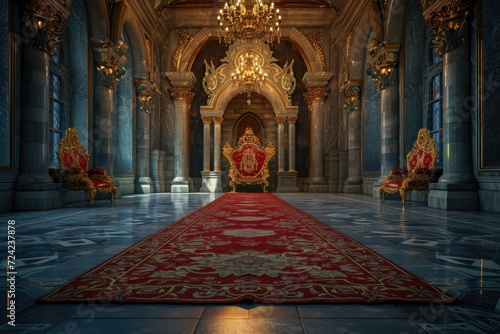 Interior of palace or castle with golden king chair and red carpet, luxury and classic