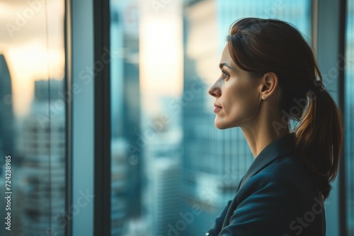A business woman looking through window of her office