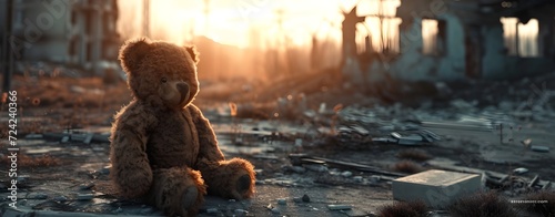 kids teddy bear over city burned destruction of an aftermath war conflict