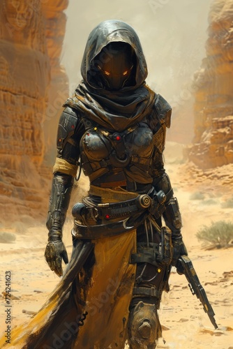Full body wide angle shot of Athletic female pale huntress covered in black Scorpion style bio-armor