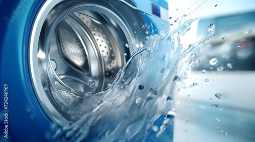 Washing machine drum with clean water flow and splashes. Laundry, washing powder concept.