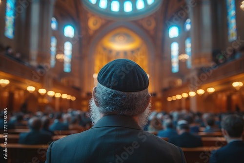 Faithful Jewish believers inside a synagogue attending a mass.