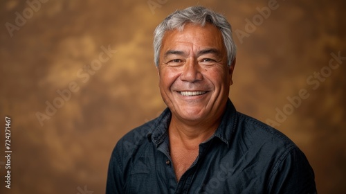 handsome over 60 years old hispanic man, smiling in front of a golden brown background 