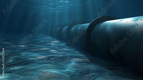 Underwater oil and gas pipeline infrastructure in blue ocean, subsea industry equipment