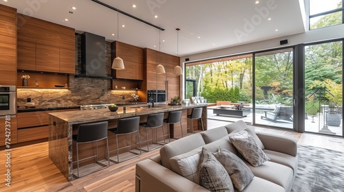 modern open kitchen , granite, sliding doors to patio