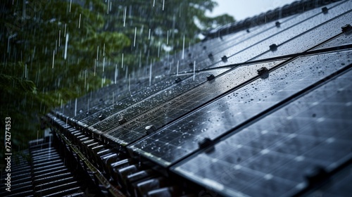 rain coming down on solar panels on the roof of a house 