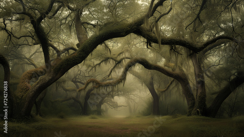 Photographs of forests dominated by oaks, with robust, leafy trees that create a picturesque and bucolic landscape, conveying the atmosphere of fairy tales and folk legends.