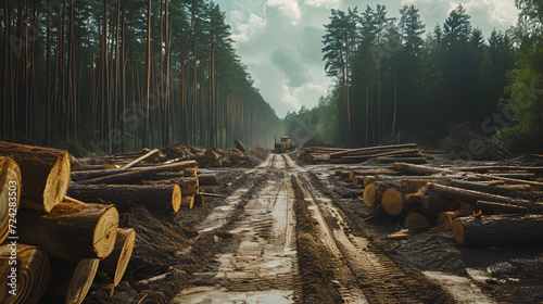 Logging site in action, a stark view of wood extraction's impact. The global problem of deforestation. Forest Degradation.