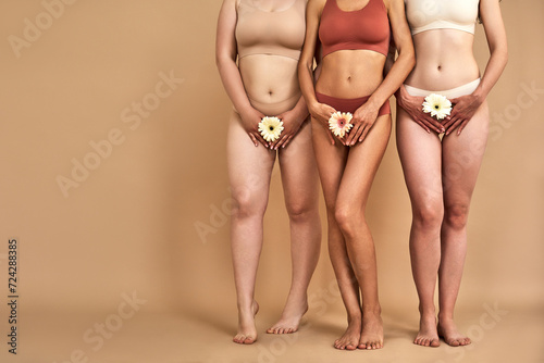 Gynecology concept. Crop of three women with various size and skin color holding gerberas near intimate organs over beige background. Charming ladies in lingerie posing in studio with copy space.