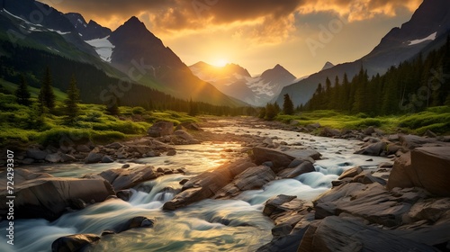 Mountain river at sunset. Panoramic view of a mountain river. Mountain river.