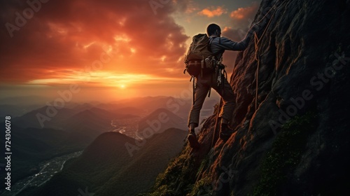 An adventurer ascends a steep cliff against a stunning sunset backdrop in rugged mountains.