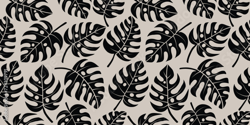 Silhouette Monstera leaves seamless pattern. Hawaiian tropical motif. Exotic floral pattern for fabric, textiles, clothing, wrapping paper, cover, banner, wall decor, abstract backgrounds.