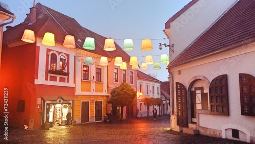 Hungary Szentendre colorful lanterns lights decorations in old town along Rhine river and Danube river 