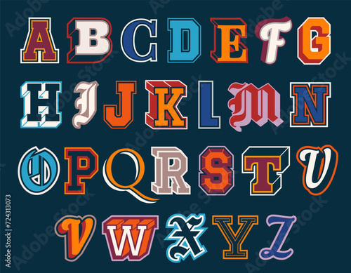 Set of collegiate athletic letters. Vintage university alphabet font elements for sports prints. Retro patches for printing on fabric. Cartoon flat vector collection isolated on dark background