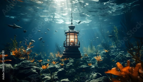 Lantern in the sea. Underwater world. 3d rendering